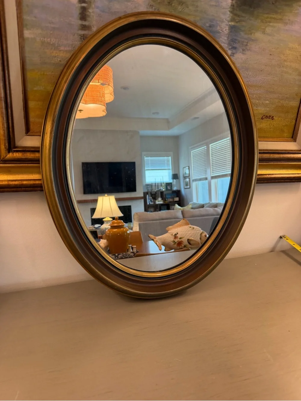 Antique Victorian Walnut Wooden Oval Wall Mirror 21x17” Gold Detail Deep Frame